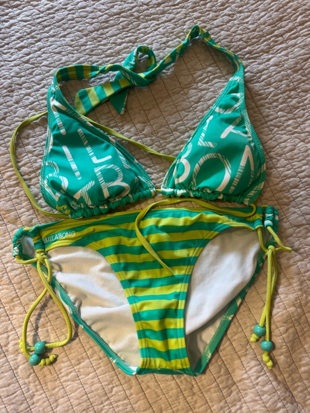 Billabong Teal and Lime Striped Two-Piece Bikini